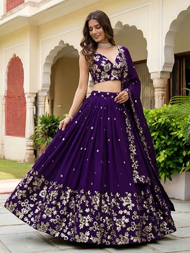 Zeel Clothing Women's Sequins and Thread Embroidered Work Georgette Lehenga Choli With Dupatta (6015-Purple-Women-Lehenga-Choli-Latest; Free size)