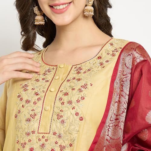 Rangavali Beige Gold Embroidered Festive Anarkali Suit Set | Chanderi Readymade Outfit Kurti, Pant & Banarasi Dupatta for Women | Kurti Set for Ladies | 3 Pcs, M, 34