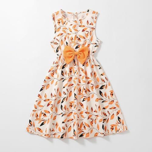 Hopscotch Girls Leaf Bow Applique Casual Dress in Orange Color for Age (6-7 Years)