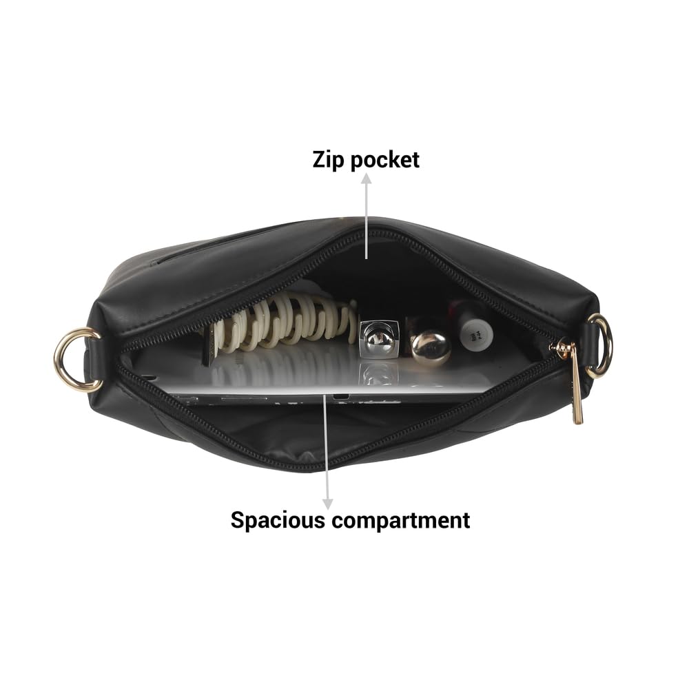 Mochi Women Black Faux Leather Quilted Sling Bag with Zipper Closure (66-8390)