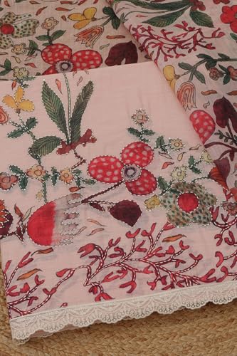 Soch Womens Peach Linen Floral Dress Material With Thread Work