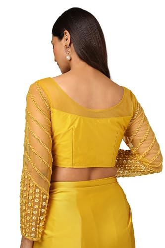 Soch Womens Mustard Beads Embellished Nylon Blend Ready-To-Wear Saree