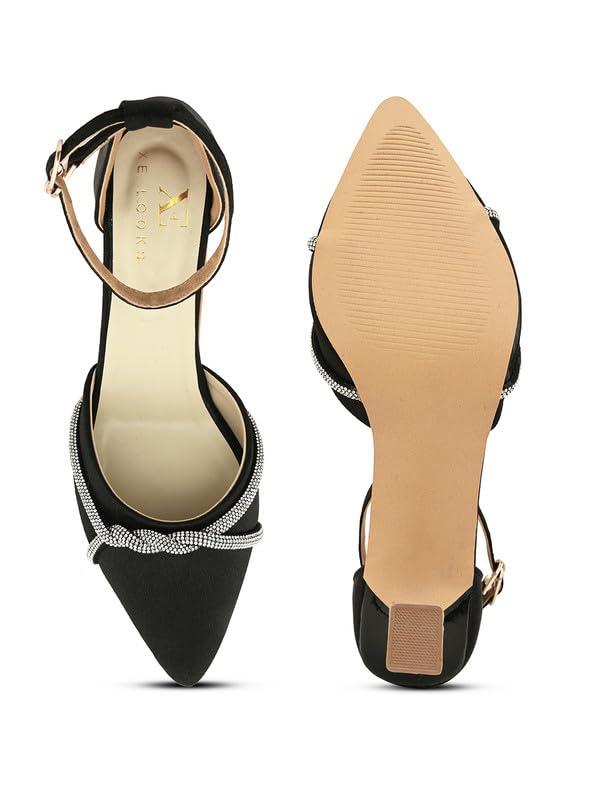 XE Looks Black Women's Fashion Sandals | Faux Leather Attractive and Trendy Block Heel | or Wedding Occasion Heel Height 3inch| For Women & Girls