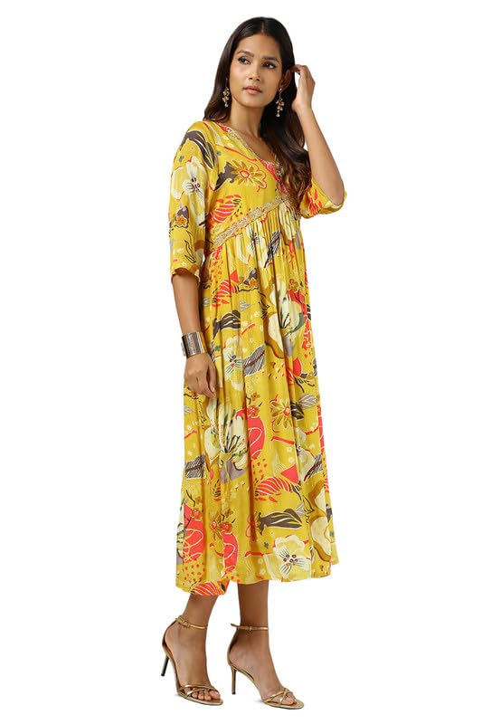 Soch Womens Mustard Chinon Floral Print Dress with Sequins