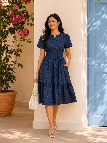 oxolloxo Women Cotton Party Dresses | Regular Fit Printed V-Neck | Below Knee Fit & Flare Dresses for Women | Blue
