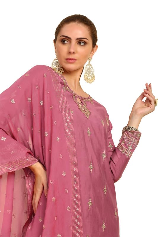 Soch Womens Onion Pink Ethnic Motifs Embroidered Chanderi Suit Set