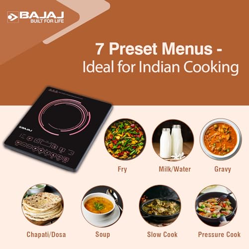 Bajaj ICX 200FP 2000 W Induction Cooktop | 7 Pre-Set Menus | Digital Display | Cool Touch Surface | 1 Year Warranty 【Black】