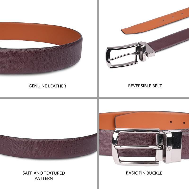 UNITED COLORS OF BENETTON Altdorf Leather Men Reversible Belt - Wine+Tan, L 1M | Waist Range: 37-41 | Saffiano Textured Reversible Belt With Pin Closure