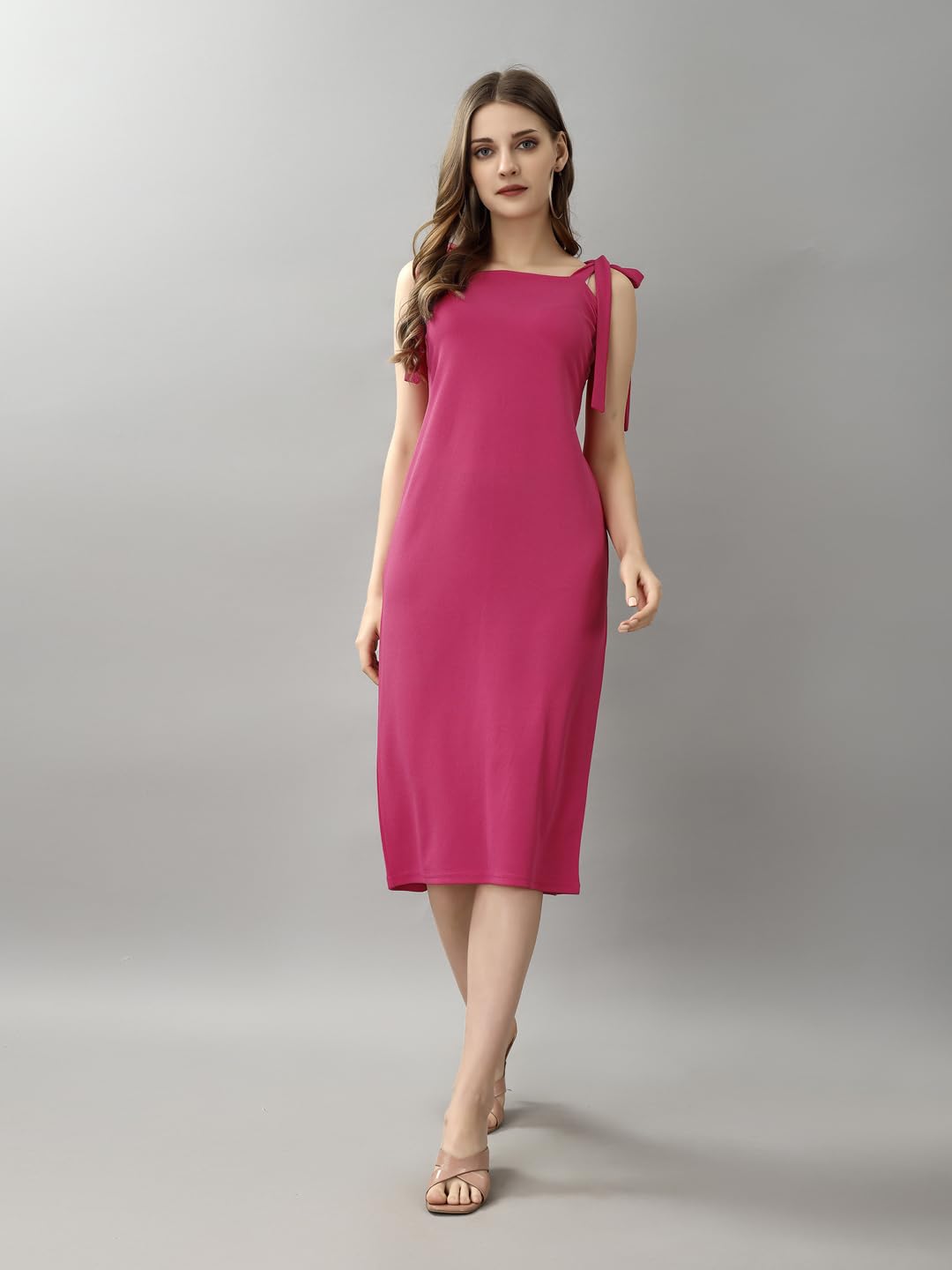 Attire Empire Women Solid Pink Squared Neck Tie-Up Shoulder Straps Bodycon Midi Dress