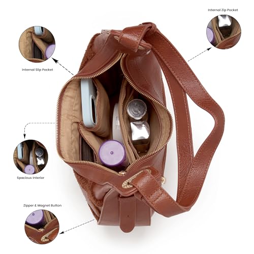 Caprese Athena Medium Hobo Bag for Women | Stylish Shoulder Bag with Plush Chenille Embroidery with Secure Zip Closure | Multi-Compartment Designer Handbag for Work & Travel (Tan)