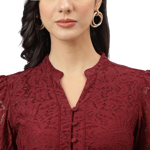 Latin Quarters Women Maroon V-Neck Short Sleeves Fit and Flare Mini Dress for Casual_L