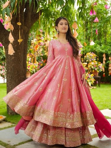 Designer Heavy Crunchy Silk Anarkali Dress for Women | Fully Flared Embroidered Gown with Dupatta | Wedding (in, Alpha, L, Regular, Standard, Peach)