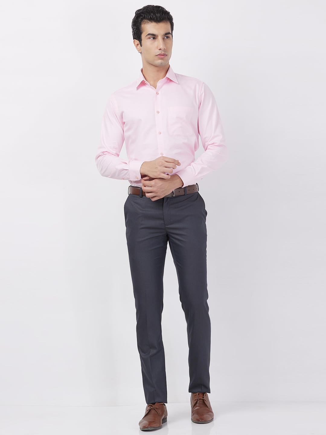 Raymond Men’s Formal Slim Fit Trousers, Structured Pattern Weave, Flat Front Office Wear | Dark Grey