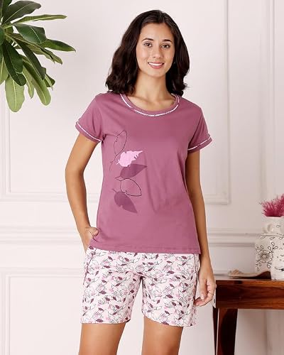 BODYCARE Women's Cotton Printed T-Shirt and Shorts Set | Soft & Breathable Nightwear | Short Sleeves | Loungewear Co-Ord Set | BSSS17030_100 Multicolour