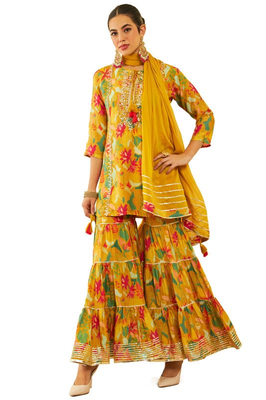 Soch Womens Mustard Yellow & Green Muslin Floral Printed Suit Set With Zardosi Work