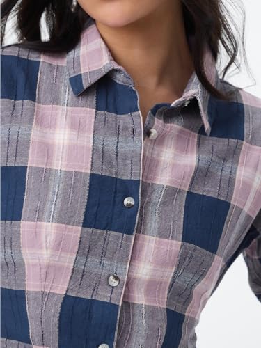 The Souled Store Cropped Shirt: Peony Women and Girls Full Sleeves Spread Collar Blue and Pink Plaid Cotton Oversized Fit Lightweight Comfortable All-Season for Casual Winter Wear Cropped Shirt