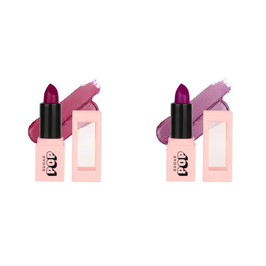 SUGAR POP Satin Matte Lipstick - 03 Tulip (Rosy Pink) - 3 gm - Infused with Vitamin E & SUGAR POP Satin Matte Lipstick - 04 Orchid (Light Purple) - 3 gm - Infused with Vitamin E