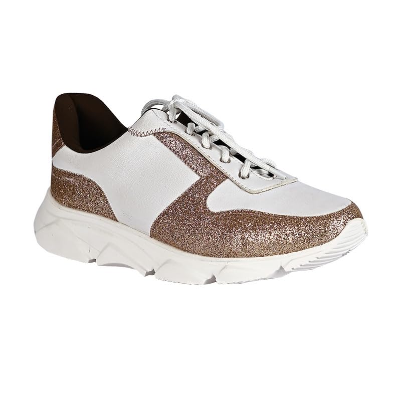 eske Maya Vegan Leather Chunky Sneakers | Silver-White Lace-Up Casual Shoes for Women | Textured Metallic Finish | Leather Insole | Lightweight EVA Sole | Stylish Footwear for Everyday Wear (Gold White, UK Footwear Size System, Adult, Women, Numeric, Medi