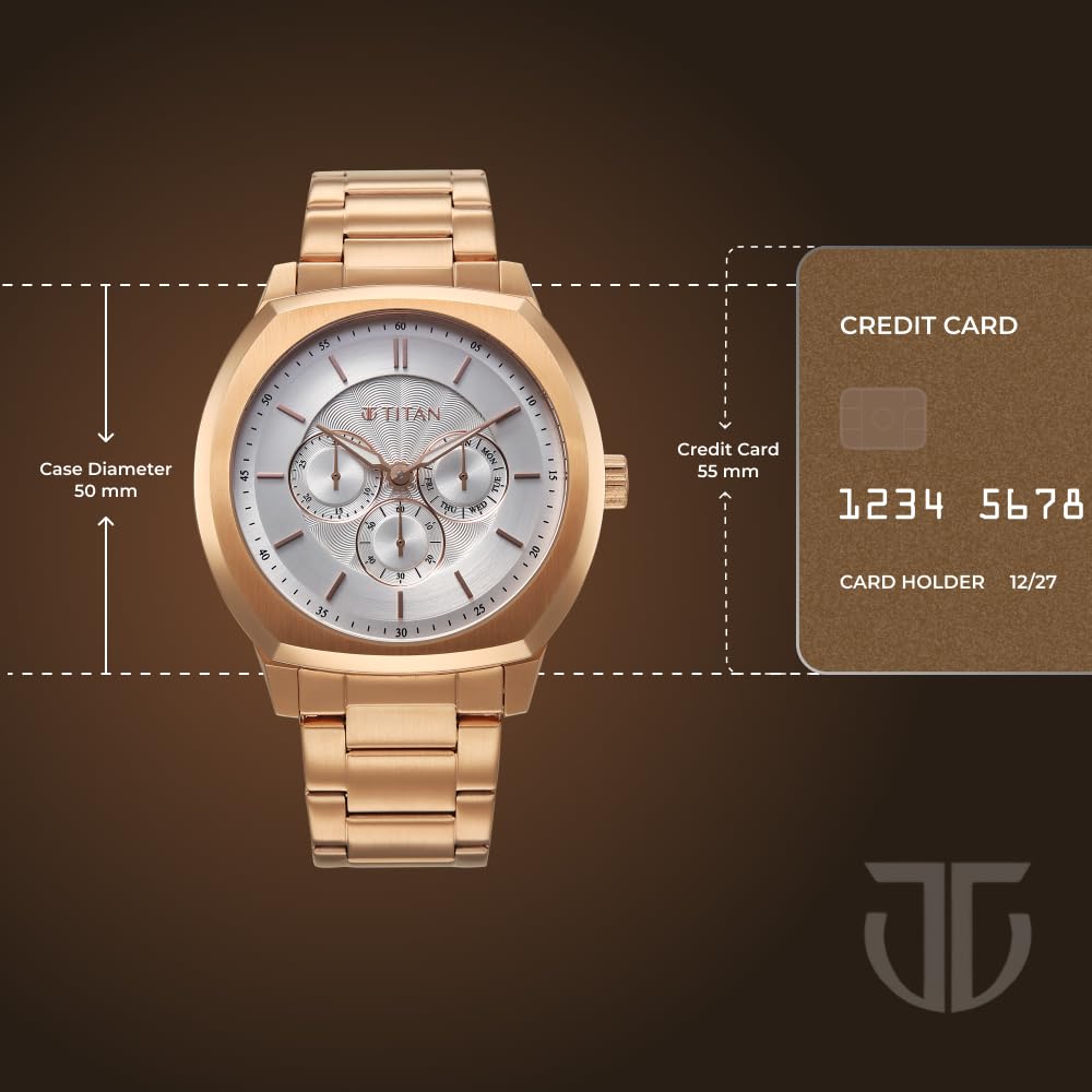 Titan Regalia Arc Analog with Day Date Second Subdial and Silver Dial Rose Gold Stainless Steel Strap Watch for Men - 90213WM01