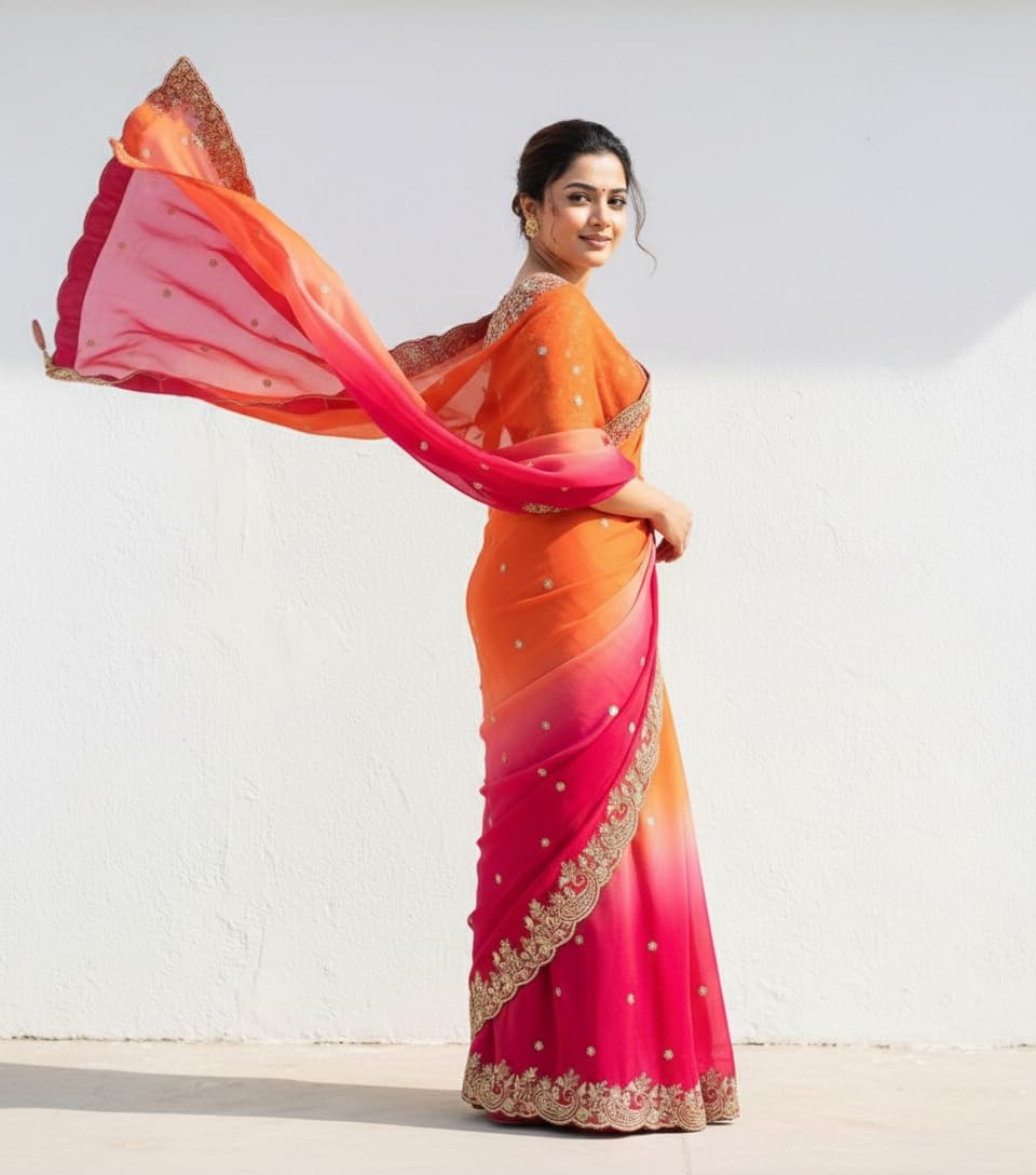Amazon Brand - Tavasya Orange Pink Fendy Satin Silk Saree with Multi Sequence Embroidery Work | Heavy Embroidered Wedding Party look Saree with Running Blouse Piece