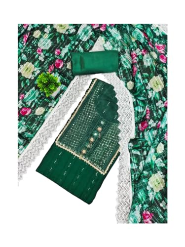 VARNI FABRICS Roman Silk Dress Material for Women Embellished Unstitched Woman Salwar Suit Dress Material with Georgette Dupatta Emerald Green