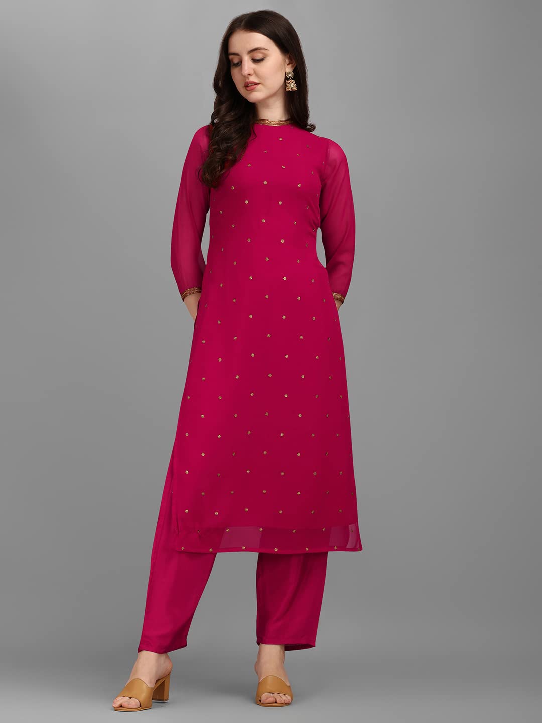 Saanjh Women's Magenta Georgette Embellished Printed Straight Kurta with Bottom