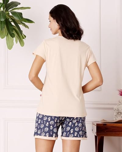 BODYCARE Women's Cotton Printed T-Shirt and Shorts Set | Soft & Breathable Nightwear | Short Sleeves | Loungewear Co-Ord Set | BSSS17036_100 Multicolour
