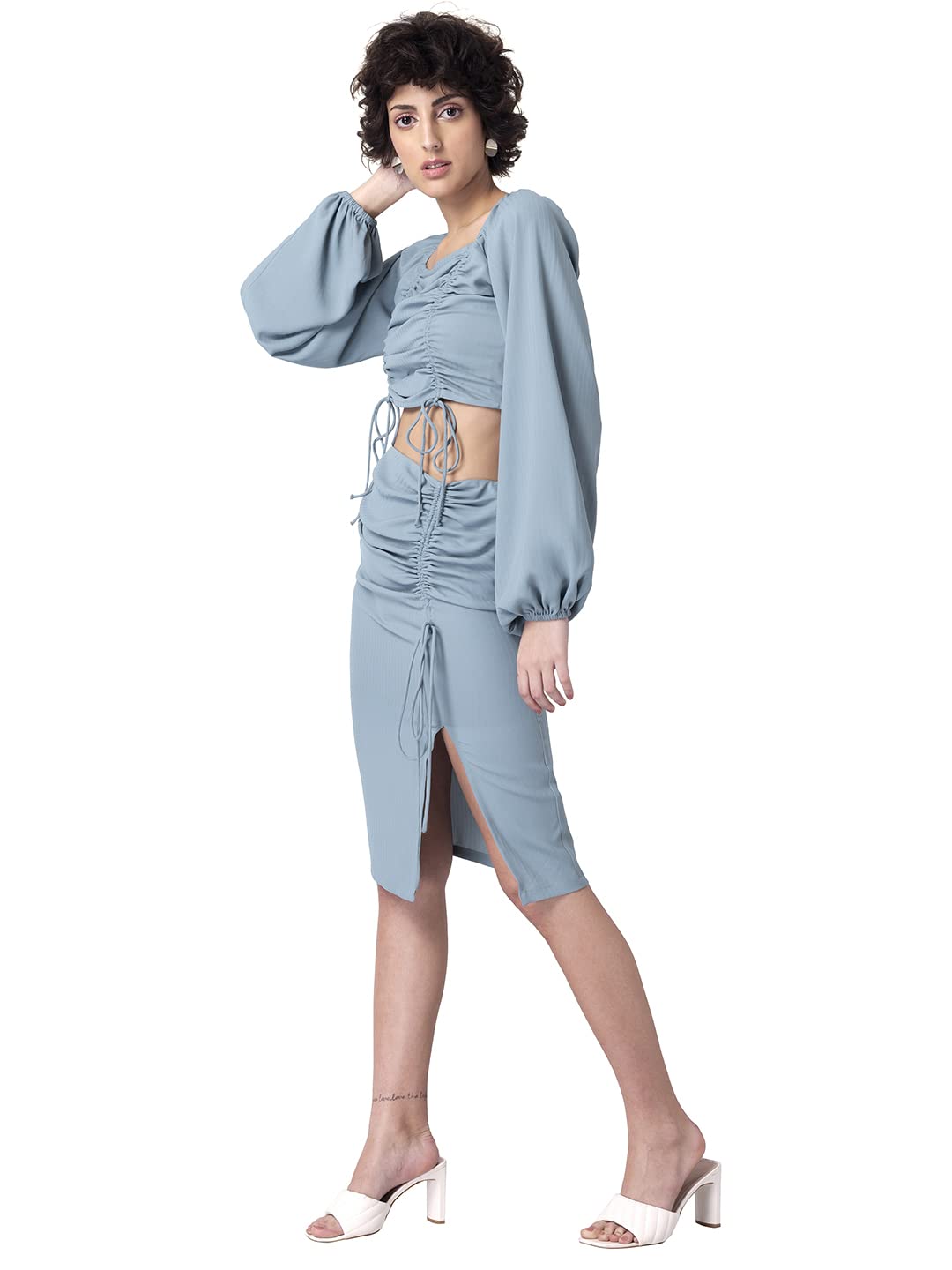 FabAlley Department569 Georgette Regular Blue Ruched Crop Top and Slit Skirt Co-ord Set (FCO00204 S)