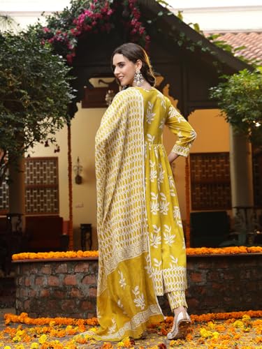 Stylum Women's Floral Printed Cotton Anarkali Kurta Pant Dupatta Set
