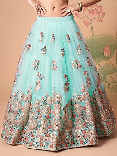 Zeel Clothing Women's Net Embroidered Semi-Stitched Bridal New Lehenga Choli with Dupatta (7320-SkyBlue-Wedding-Bridal-Latest; Free Size) (Sky Blue)