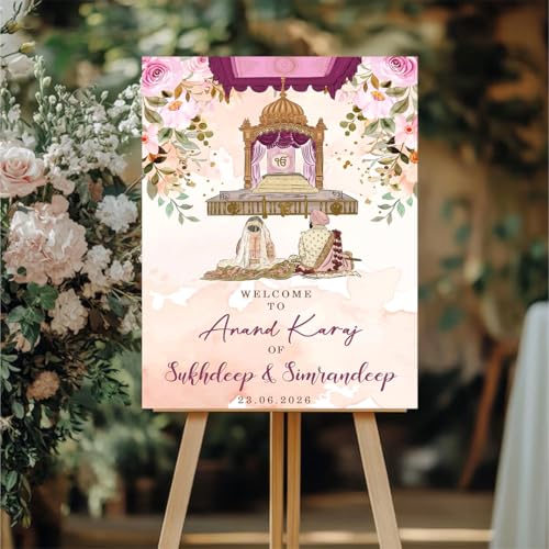 Party Perfect Designs Personalized Anand Karaj Welcome Board for Sikh Wedding Ceremony, Custom Name and Date Sign, 3mm/5mm Thickness, Premium Print, Multi Design Options (Blush Peach Pink)