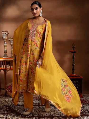 Libas Womens Printed Silk Blend Straight Kurta With Trousers and Dupatta