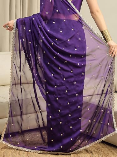 AKHILAM Women's Purple Pure Georgette Embroidered Ready To Wear one Minute Saree With Unstitched Blouse Piece (RTWRADHA1601_RX)