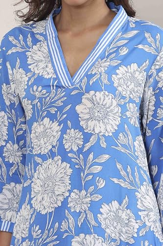 Biba Women Blue Viscose Rayon Straight Suit Set_34