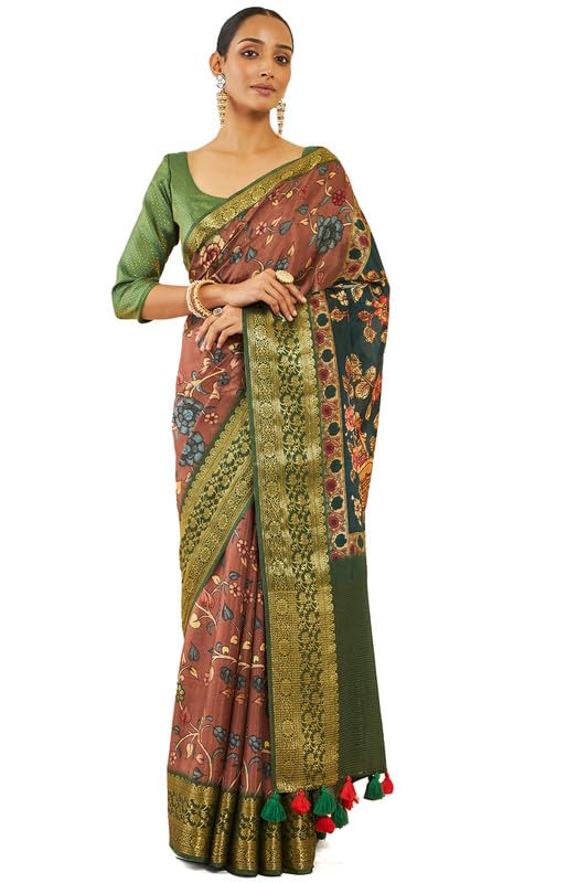 Soch Womens Brown Crepe Saree With Floral Kalamakari Print And Zari Borders