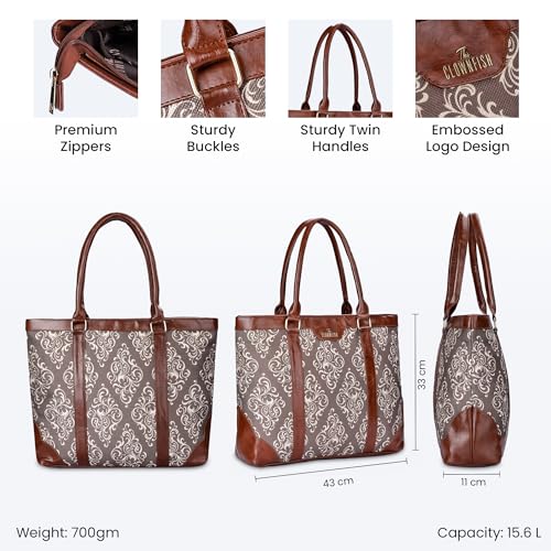 THE CLOWNFISH Miranda Series 15.6 inch Laptop Bag For Women Printed Handicraft Fabric & Faux Leather Office Bag Briefcase Hand Messenger bag Tote Shoulder Bag (Brown)