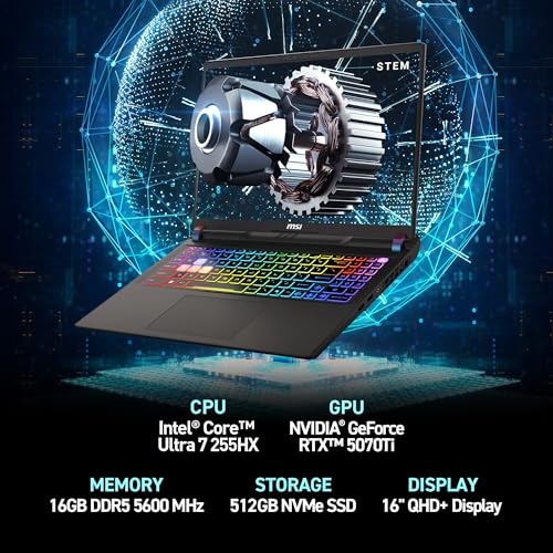 MSI Vector 16 HX AI 16” 144Hz FHD+ Gaming Laptop: Intel Core Ultra 7-255HX, NVIDIA Geforce RTX 5070Ti, 16GB DDR5, 512GB NVMe SSD, Thunderbolt 5, Wi-Fi 6E, Win 11 Home: Cosmo Gray A2XWHG-212US