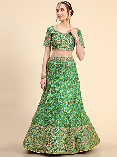 leeza store Women's Bollywood Style Silk Blend Bandhani Printed Zari And Sequins Embroidery Work Lehenga Choli With Dupatta