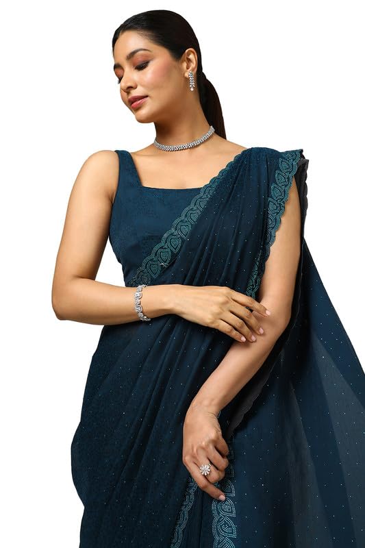 Soch Womens Teal Chiffon Floral Print Saree With Stone Work