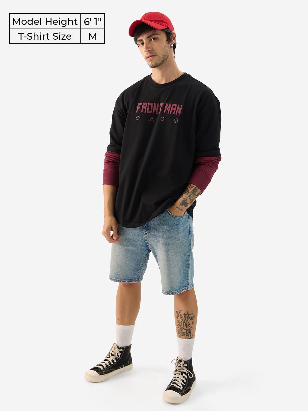 The Souled Store Official Squid Game: Front Man Men and Boys Round Neck Black Graphic Printed Cotton Oversized Full Sleeve T-Shirts