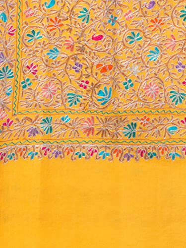 tweedle Pure Wool Kashmiri Nalki Embroidery Yellow Stole/Wrap for Women, Fine and Soft Scarf for Girls (26 x 76 Inches)