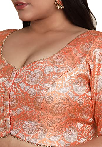 SALWAR STUDIO Women's Orange Brocade Readymade Saree Blouse-PLSSB00008-ORNG