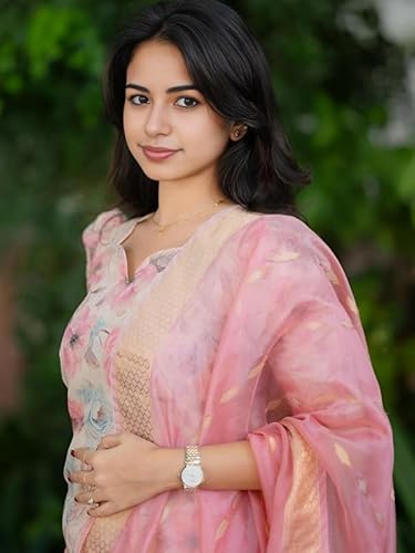 24 Carat Suit Women's Chanderi Stitched Printed Kurta Dupatta Set (2CKD4_Cream_M)