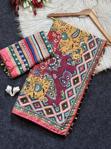 SHANTVAN GALLERY Ajrakh Print Saree for Women with Mirror Work Border and Kodi Latkan, Roman Silk 3D Position Print Silk Saree for Woman with Unstitched Blouse Piece