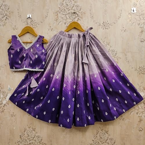 Tejam Kids Girls Latest Tie-Dye Printed Stylish Sleeveless Crop Top With Flared Lehenga Set- Fancy Lehenga Choli For Girls 2 To 8 Years (Jambli, 2-3 Years)