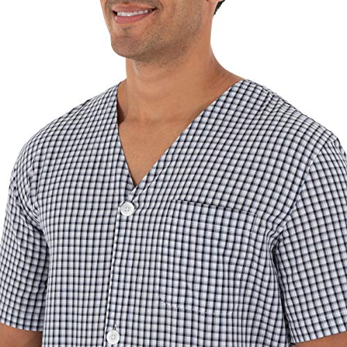 Fruit of the Loom Men's Broadcloth Short Sleeve Pajama Set, Navy/White Check, Large