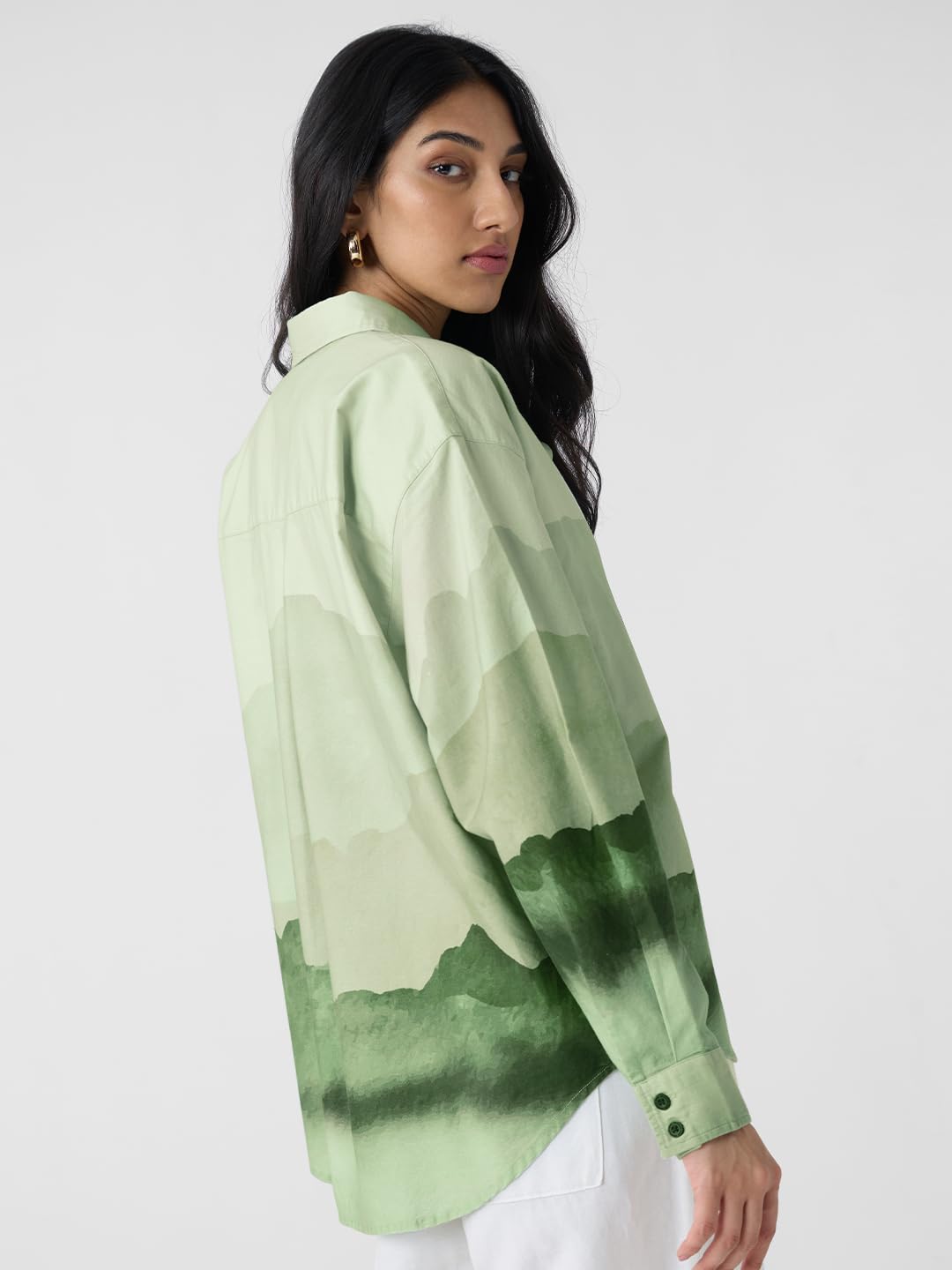 The Souled Store Scenic Route Women and Girls Long Sleeves Collared Neck Button Front Green Printed Cotton Boyfriend Shirts