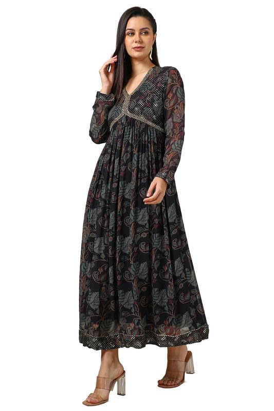 Soch Womens Black Chinon Botanical Print Dress with Stones and Sequins