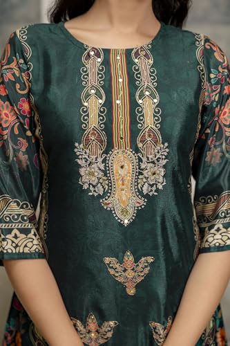 NIVANA Embroidered & Printed Asymmetric Kurta with Palazzo & Printed Dupatta | XXL | Teal | Paisley & Floral Print | 3 Piece Ethnic Set