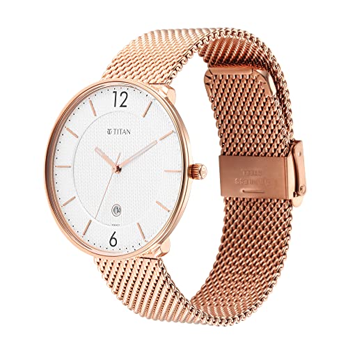 Titan Black & Gold Quartz Analog with Date White Dial Rose Gold Stainless Steel Strap Watch for Men - NT1849WM01